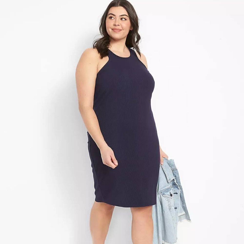 Lane Bryant Navy High-Neck Racer-Front Ribbed Bodycon Dress 18/20